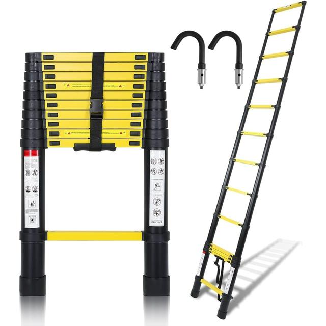 TEMU Aluminum Telescopic Ladder, Slip-resistant Aluminum Ladder, Ladder, Extended Height Of 3.2 M, Loadable Up To 150 Kg, Easy To Store And Transport, Black And Yellow.