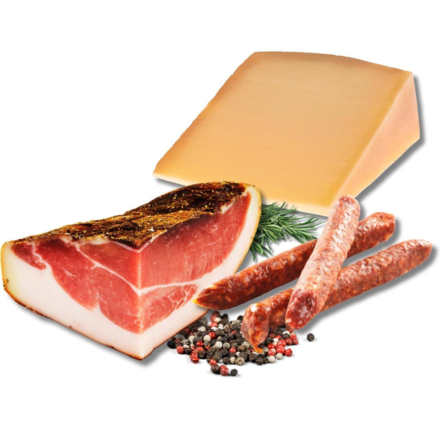 TEMU BAVAREGOLA Jausen Probierset - 3 Südtiroler Spezialitäten im Set - Südtiroler Speck, Käse & Kaminwurzen