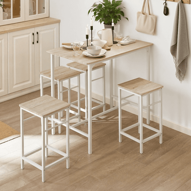 TEMU Set Of + 4 Mats, Bar Bistro Table Set + 4 Mats With Footrest, , Eat-in Footrest For Living Room, Kitchen, Lounge, Balcony, White + Natural - Phu22-xo