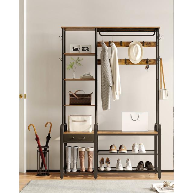 TEMU Garderobenständer mit Sitzbank, Garderobe mit 3-Tier Schuhbank und 1 Schublade, -Kleiderständer mit 17 Haken, 1 hängende Stange, 4-Tier Seite Regale, Braun und Schwarz