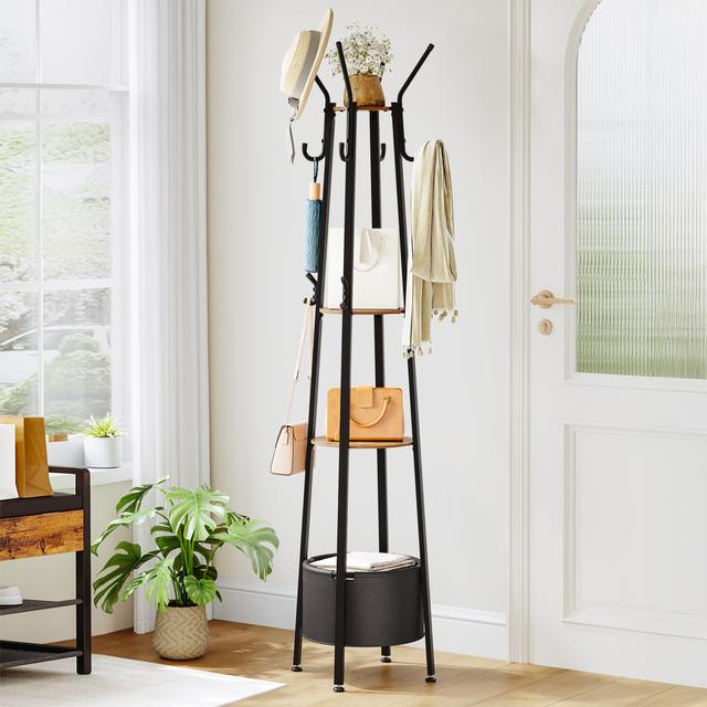 TEMU Garderobenständer, Kleiderständer mit Großer Aufbewahrungskorb, Garderobe mit 3Ablagen&16Haken für Schals, , Hüte, für Eingangsbereich, Wohnzimmer, Schlafzimmer, Braun und Schwarz