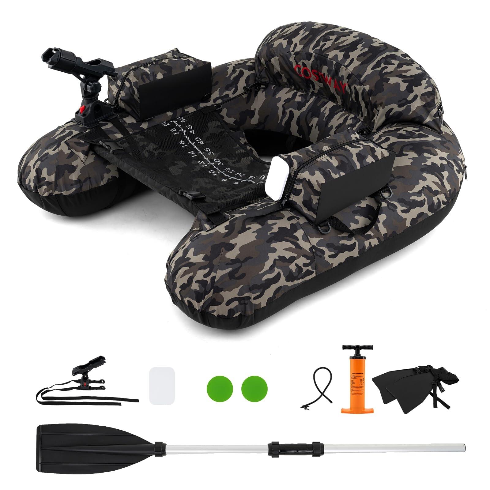 TEMU Barca Gonfiabile da Pesca, Belly Boat Portatile con Portacanna Regolabile, Supporto per Ami, in Alluminio, Pinne, Pompa e Kit di Riparazione, Portata 150 kg