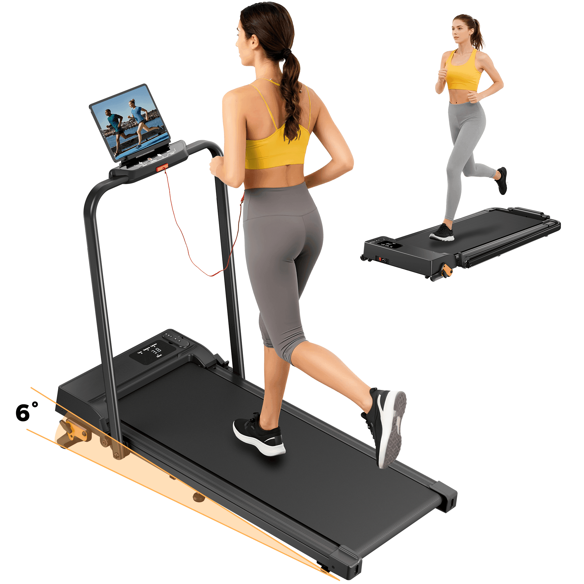 TEMU Foldable Home Treadmill With Wheels, In The Range Of 0-12 Km/h, 3 Levels Of (2°, 4°, 6°), 2.5 Motor, Walking Pad Equipped With Rubber Shock Absorbers, Led Display, Removable Handrails.