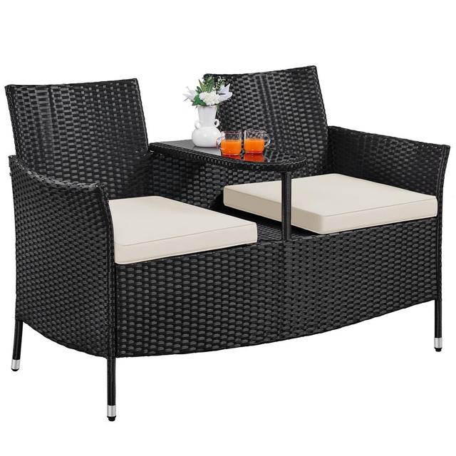 TEMU Costoffs Outdoor Double Chair Seat Set, 2-person Patio Chair, Double Chair With Cushions & Tempered Glass Side Table For Patio, Garden, Balcony