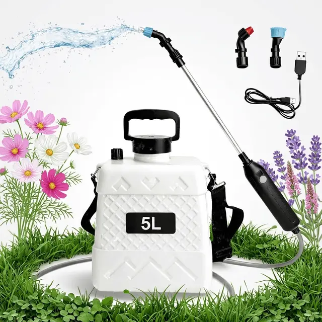 TEMU Battery-powered Sprayer 5l, Electronic, Garden And Home Sprinkler With Retractable Hose, Portable Sprayer, Mobile. Adjustable Back Strap, 3 Nozzles For Lawn, Garden Kit