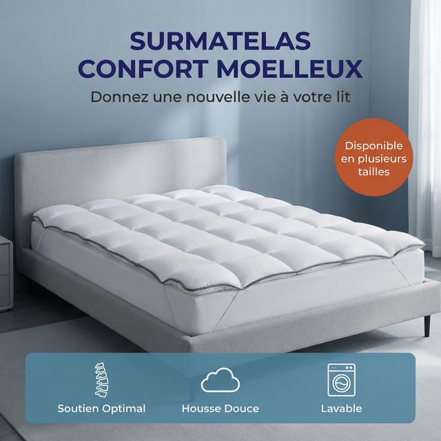 TEMU Surmatelas en Microfibre Respirante avec Liseré – Design Antidérapant - 4 Bandes Élastiques - Ultra – Idéal pour Matelas 2 Places