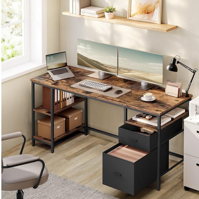 TEMU Desk, Computer Desk, Dimensions 160 X 60 X 76 Cm, Office Desk With 3 Shelves And 2 Drawers, Suitable For Offices, Living Rooms, Workrooms, .