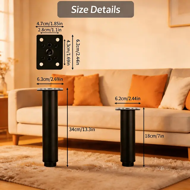 TEMU Pack Of 5 Furniture Feet Height Adjustable, 18- Adjustable Metal Black Furniture Legs, Round Furniture Feet With Screws Screwdriver, For Cupboard, Sofa, Tv Cabinets, Bedside Table,