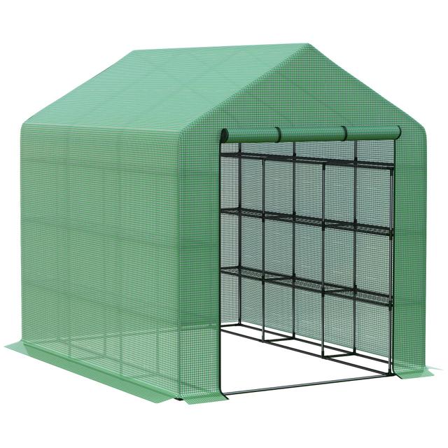 TEMU Estufa de Jardim Outsunny 3 com Prateleiras, Estufa de Inverno, Cobertura PE Reforçada, Estrutura de Aço, Porta Enrolável, Proteção UV, 244 x 180 x 210 cm, Verde