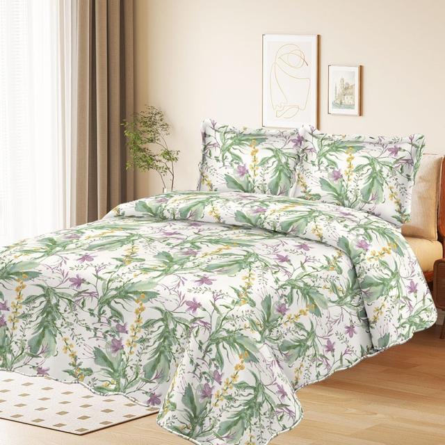 TEMU Juego de 3 colchas de colcha para cama de 135 cm.- Juego de colcha reversible de retales, estampado floral verde/rosa (tamaño de hoja 200X250CM)