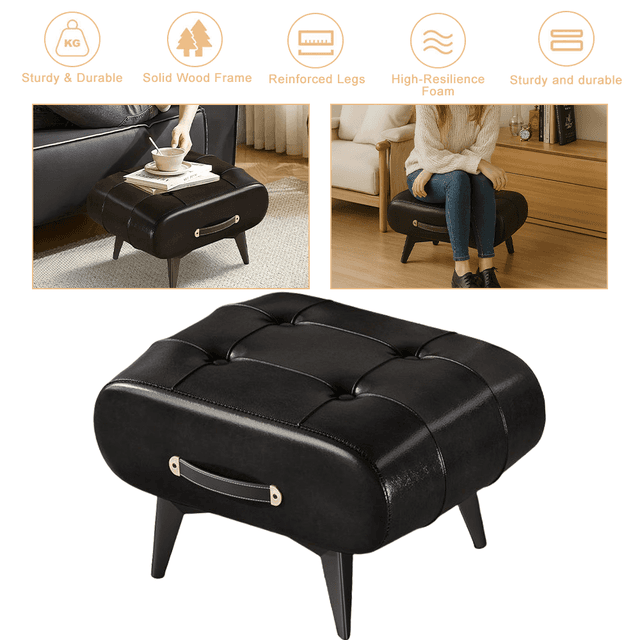 TEMU Stool, Leather Footstool With Legs, Footstools For Living Room, Ottoman Footrest Extra Seating For Entryway, Black