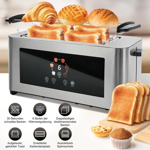 TEMU Toaster Bread Toaster 1400w, Toaster Stainless Steel, Lcd Touch Display, 2 Wide Toast Slots, 4 Slices Toaster, 7 Browning Levels, With Bun Warmer, Removable Crumb Tray
