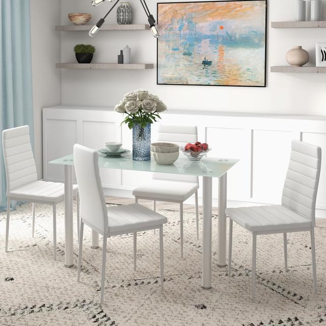 TEMU HOMCOM 5-tlg. Essgruppe, Esstisch mit 4 Stühlen, Küchentisch mit Hartglasplatte, Esszimmergruppe, Esszimmermöbel, Esstisch Set für Küche, Esszimmer, Stahl, Weiß