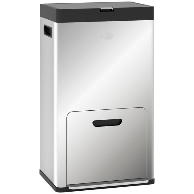TEMU Homcom Rectangular Pedal Bin, 56l, Kitchen Bin, 3 Compartments, Soft Closure, Stainless Steel Anti-trace, Bin With Casters, Removable Interior Bucket, Silver