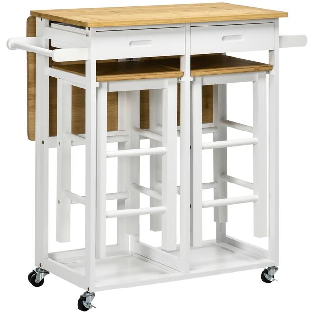 TEMU HOMCOM Ensemble table de bar chariot de cuisine table de cuisine pliante roulettes + 2 tabourets blanc et bois - 2 tiroirs et porte-torchons