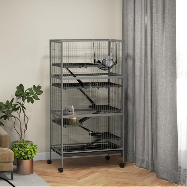 TEMU Multifunctional Rodent Cage By Pawhut With 4 Platforms, 3 Ramps, , Dim. 80l X 52w X 159h Cm, Gray, Silver, Black Steel, , Activity Center, High Density Mesh, Convenient Movement