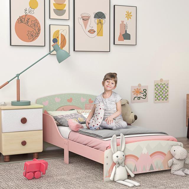 TEMU ZONEKIZ Lit pour enfant lit au sol enfant 3-6 ans avec barrières de sécurité et dim. 77 x 143 x 60 cm sommier à lattes - rose
