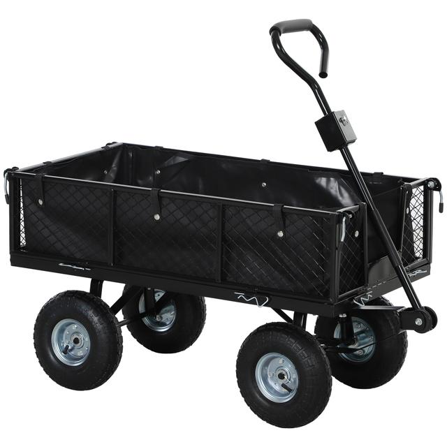 TEMU Outsunny Garden Wagon 300 Kg, Transport Cart With Removable Tarpaulin And 180° Rotating Handle, Trailer Cart With Foldable Walls And 25 Cm Inflatable Tires, Black