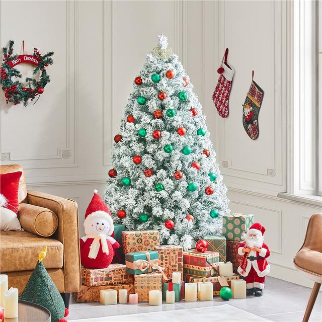 TEMU Costoffs Christmas Tree Flocked Artificial Christmas Tree Holiday Decorative Tree With Foldable Stand And Pvc Tips, 5/6/7.5ft