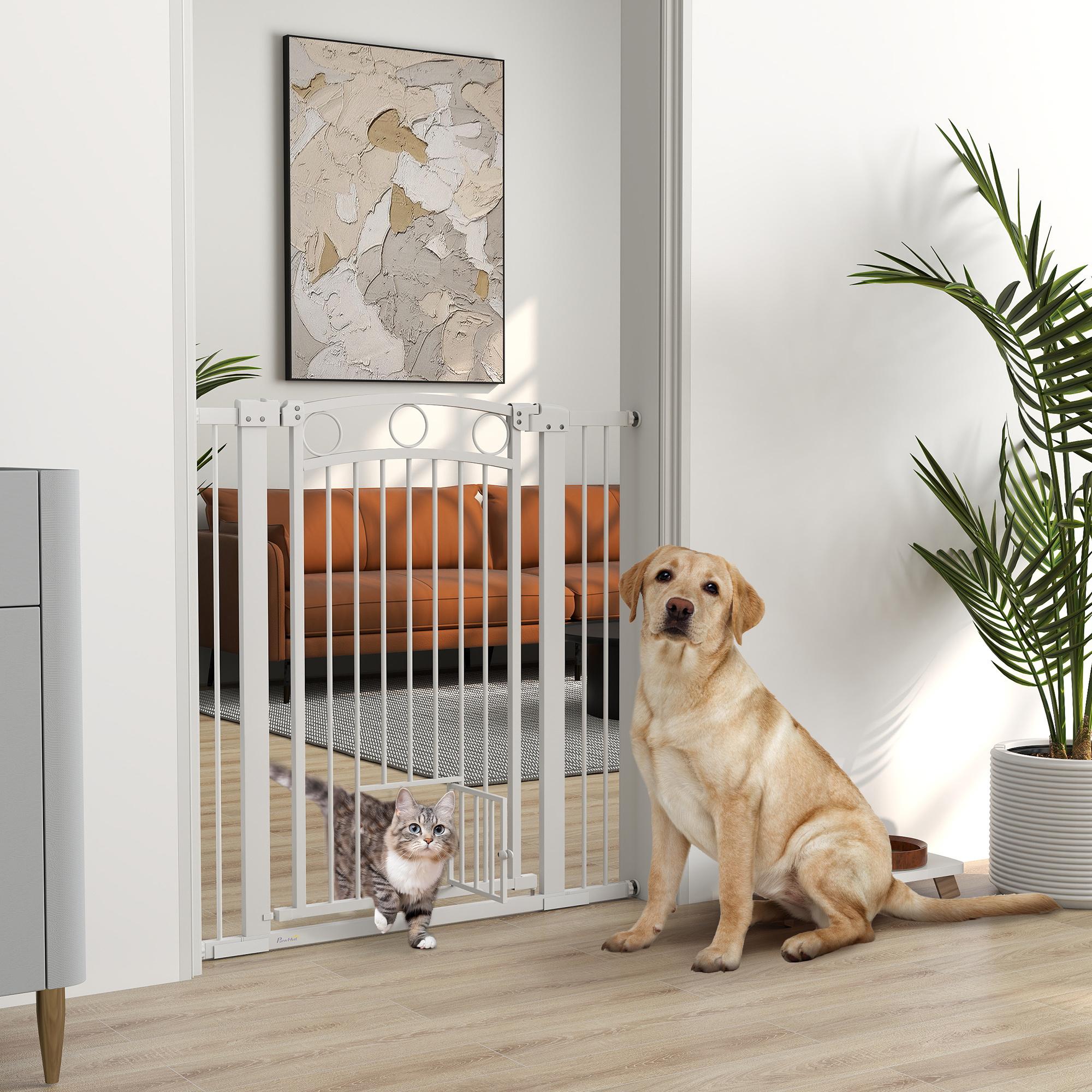 TEMU Indoor Pawhut Dog Gate, Security Gate With 2 Extensions 76-104 Cm And Cat Door, High 106 Cm Pet Dog Gate For And Stairs, White