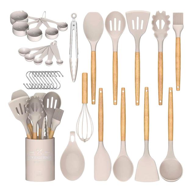 TEMU ® Conjunto de Utensílios de Cozinha com 34 Peças – Silicone Antiaderente e Resistente ao com Cabo de Madeira e Suporte - Cor Creme