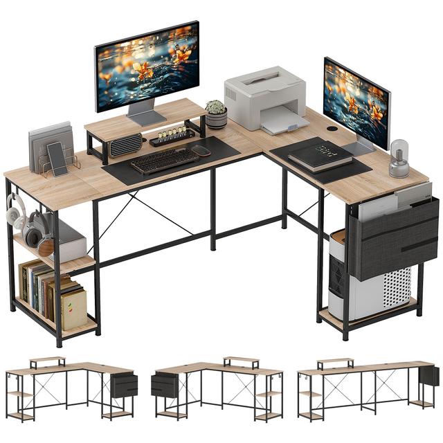 TEMU Homcom Adjustable Reversible , Desk With Storage 168-240 Cm Industrial Style - Adjustable Shelf, Storage Bag, Screen Holder, Computer Desk For 2 People, Natural Wood