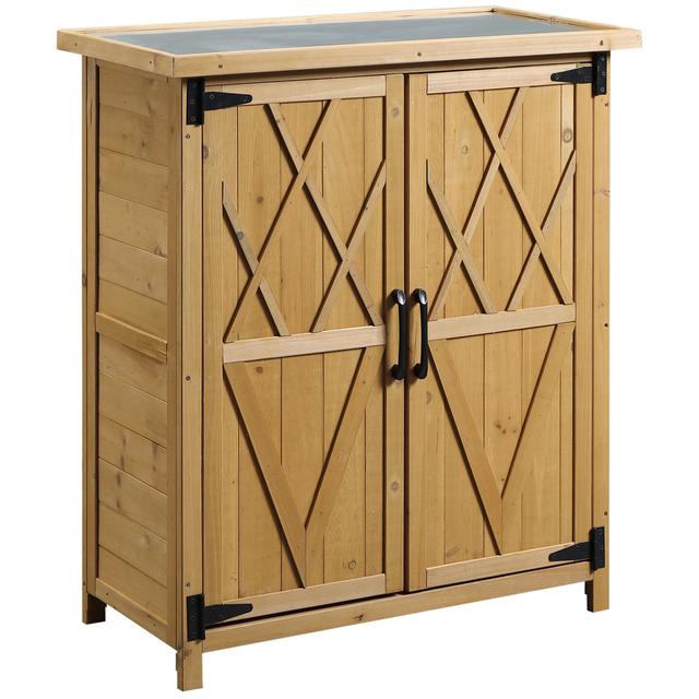 TEMU Outsunny Abri de jardin armoire de jardin extérieur sur pied dim. 75L x 40l x 90H cm 3 étagères 2 portes toit bitumé bois sapin jaune