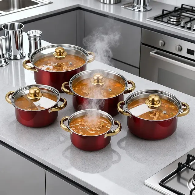 TEMU 10pcs Kitchen Stainless Steel Cookware Set, Soup And Milk Pots For , Ideal For Hot Pot And Noodles, Durable Gold-plated Handles, Red