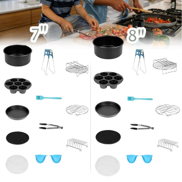 TEMU 12-delige Airfryer Accessoireset: Broodrek, Siliconen Ovenhandschoenen, Mini Oven Bakpan, Bakplaat, Grillrek, 7" & 8" Siliconen Vormen, Stalen Springvorm en RVS Siliconen Mat voor 3,5~8,0QT