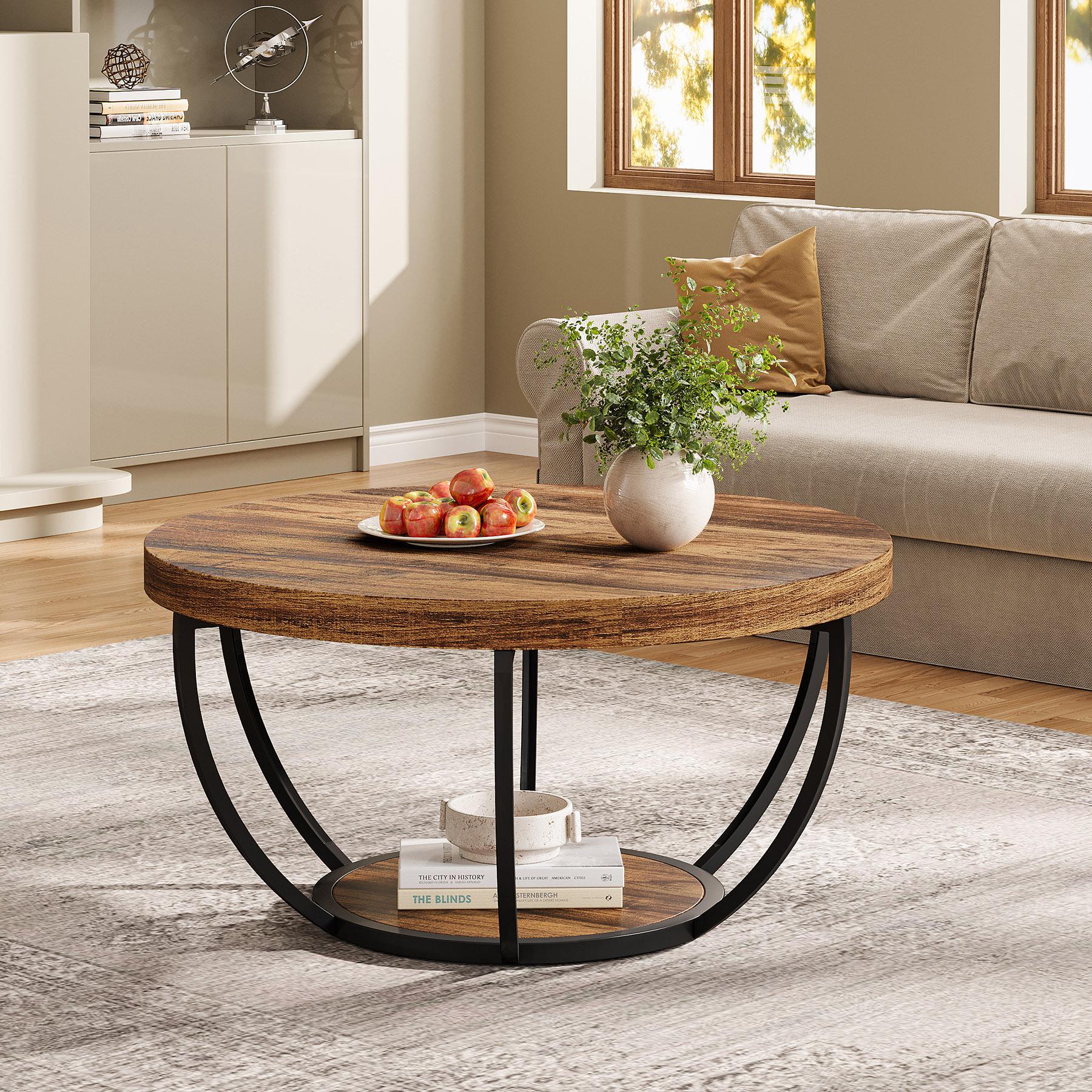 TEMU Table basse, table basse ronde industrielle avec étagères, niveaux, accent de bois moderne, pour salon, bureau à domicile, 80,5 cm, rustique.