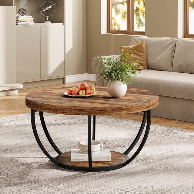 TEMU Table basse, table basse ronde industrielle avec étagères, niveaux, accent de bois moderne, pour salon, bureau à domicile, 80,5 cm, rustique.