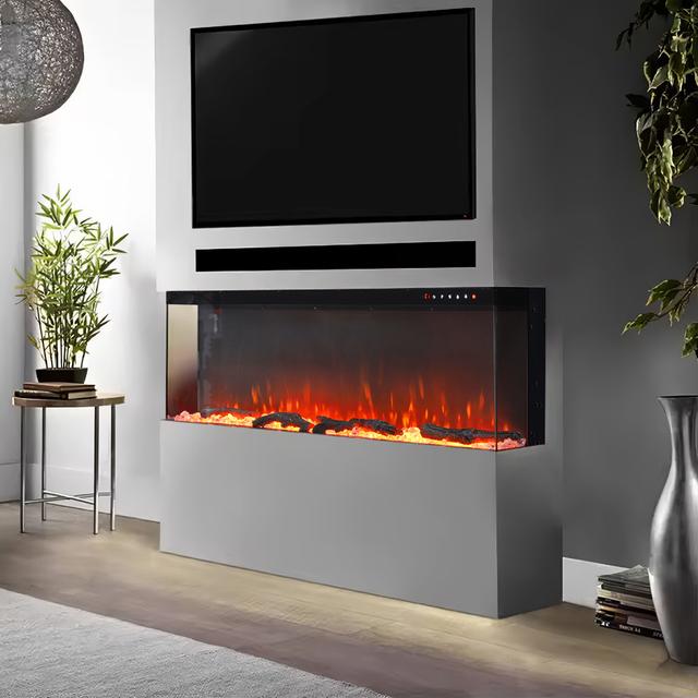 TEMU 50-inch Modern Large Fireplace, Led Fireplace (not Wall-mounted), Electric Heater, With Remote Control, 12-color Flames, 5-level Adjustable Flame Brightness, Tempered Glass Panel