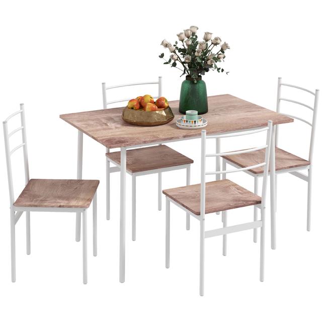TEMU Homcom 5-piece Dining Set With And 4 Chairs, 110x70x75 Cm, Natural Wood And White, Steel Legs For Kitchen Or Restaurant Use