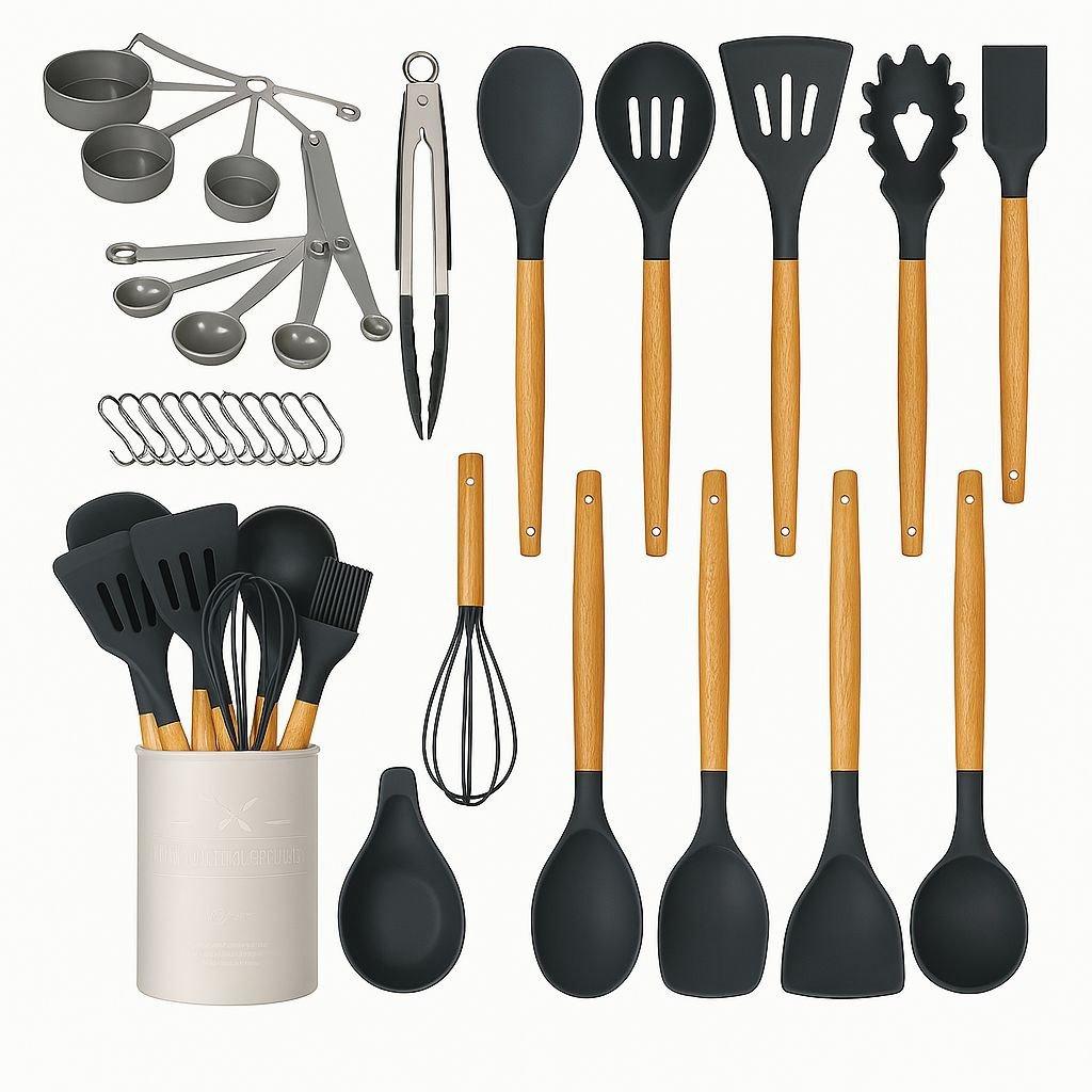 TEMU ® Conjunto de Utensílios de Cozinha 34 Peças – Silicone Antiaderente e Resistente ao com Cabo de Madeira e Suporte - /Cinza