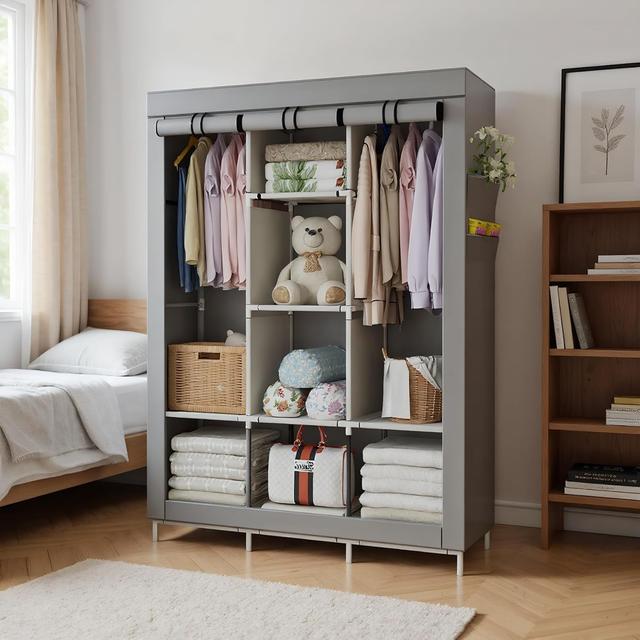 TEMU Portable Wardrobe Organizer With 6 Storage Shelves,2 Hanging Sections, And 4 Side Pockets