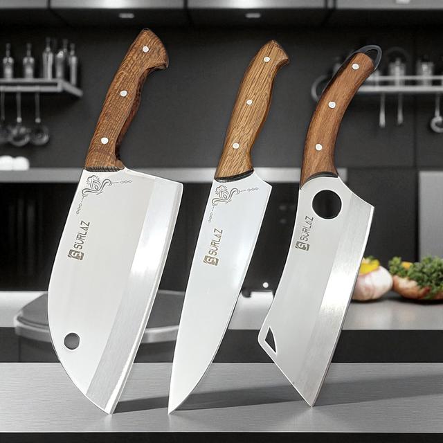TEMU 3 Parça Profesyonel Şef Bıçak Seti – Paslanmaz Çelik, El Yapımı Ahşap Saplı, Et ve Sebze Kesim Bıçakları