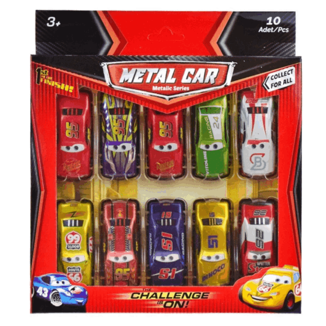 TEMU Metal Çocuk Oyuncak Araba 10’lu Paket - Karakter Tasarımlı Metalik Yarışçı Arabalar