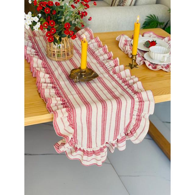 TEMU Kırmızı Çizgili Keten Fırfırlı Runner