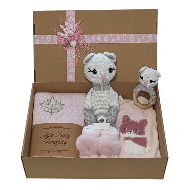 TEMU Hoşgeldin Kız Bebek, Kedi figürlü Kadife Tulum, Örgü Triko Battaniye, Pembe Ponpon Çorap Hediye Seti