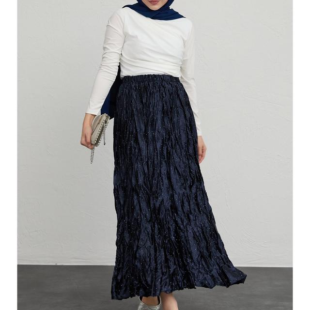 TEMU İncili Saten Kraş Lacivert Etek