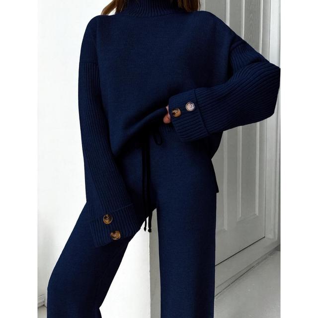 TEMU YENİ SEZON Dik Yaka Düğme Detaylı Oversize Kazak-Pantolon Triko Alt Üst Takım 0034