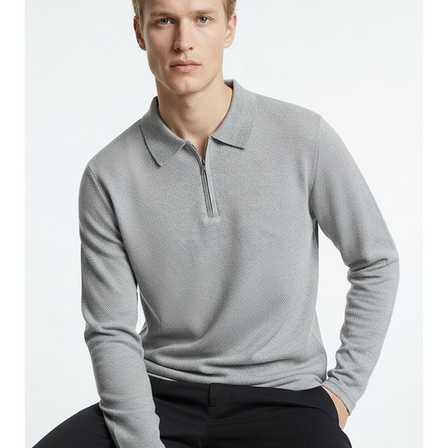 TEMU GW KOMRAT Erkek Regular Fit Polo Yaka Fermuarlı Dokulu Jakarlı Triko Kazak - Füme