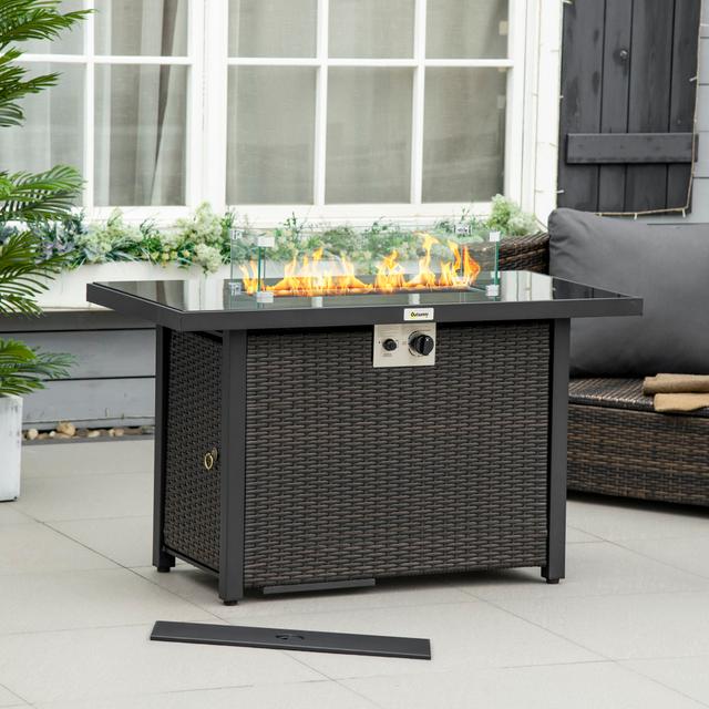 Outsunny Propane Fire Pit Table 43 Inch 50000 BTU Pulse-Ignition Wicker with Glass Wind Guard Blue | Aosom Canada