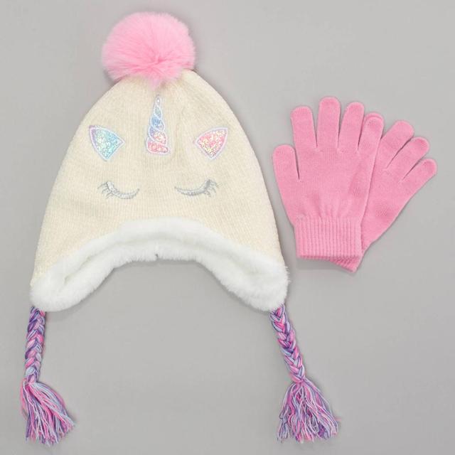 Girls Capelli(R) New York Unicorn Chenille Earflap Hat w/ Gloves