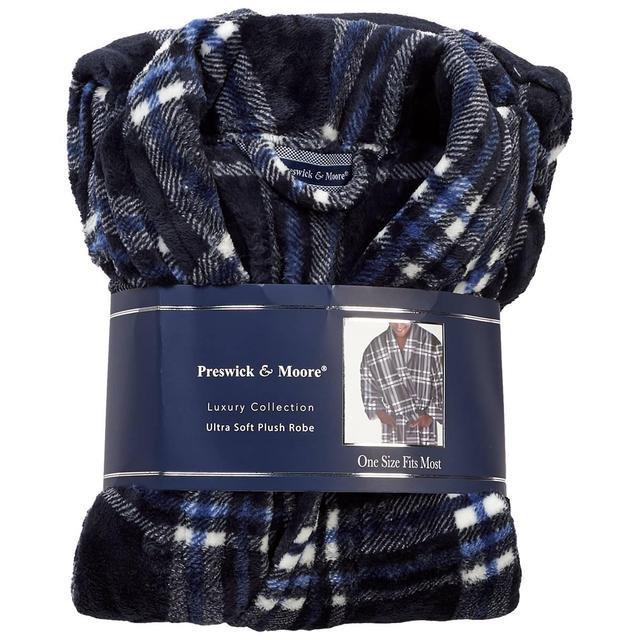 Mens Preswick & Moore(R) Plaid Velvet Robe - Navy/White