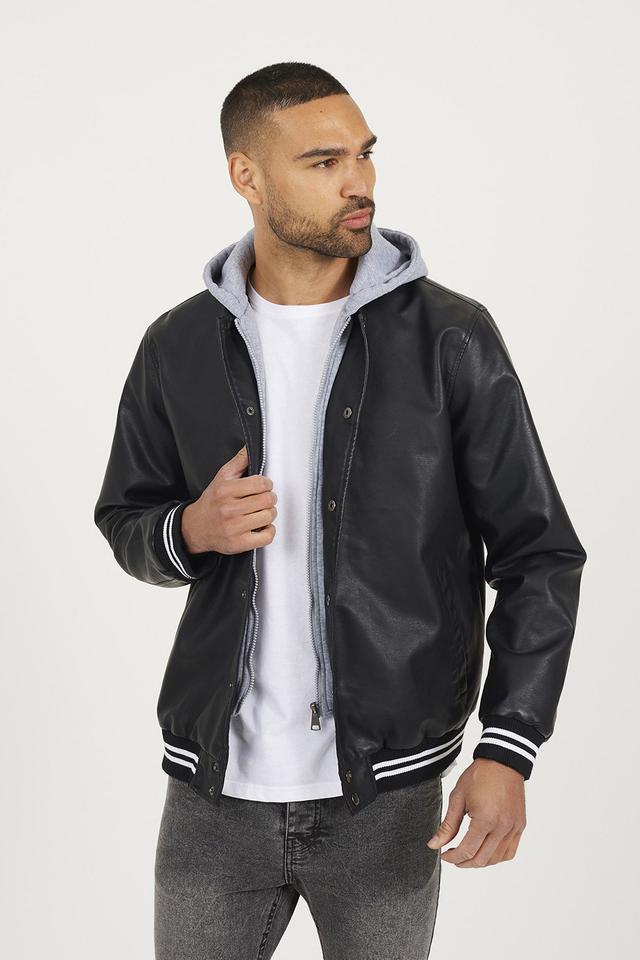 Mens Jersey Hooded Varsity Style PU Jacket -