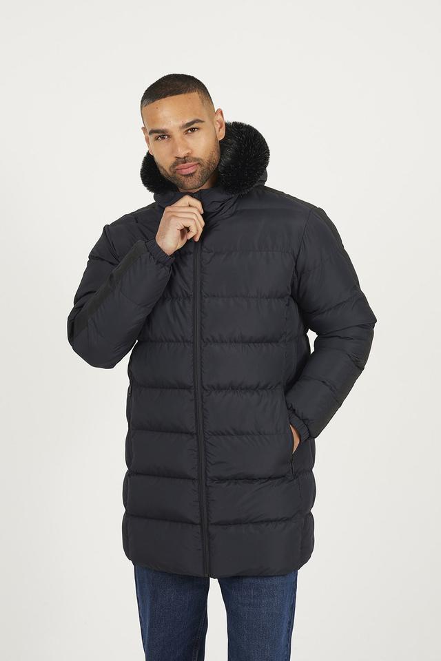 Mens Longline Padded Jacket With Faux Fur Hood -