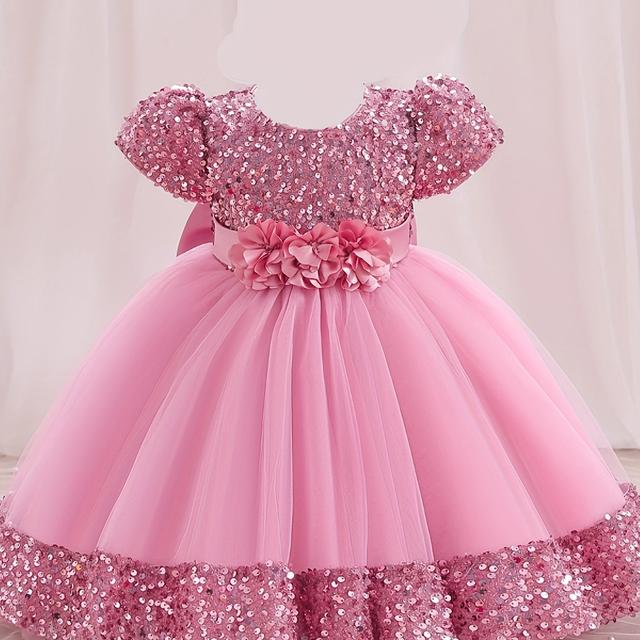 TEMU Gorgeous Sequin Flower Decor Puff Short Sleeve Tutu Dress Princess Dress Girls Kids Clothes Party Christmas