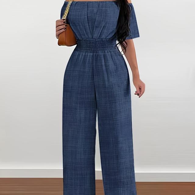 TEMU Elegant Off-shoulder Short Sleeve Jumpsuit With Cinched Waist - , Polyester, Machine Washable - Chic Wide Leg Design For Spring/summer/fall