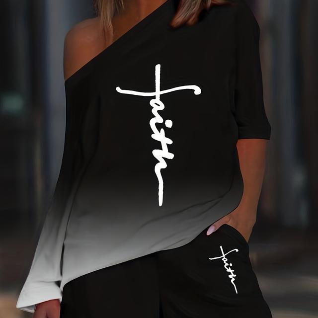 TEMU Lässiges, Tägliches Zweiteiliges Set, Asymmetrische, Stilvolle Oberteile Mit Buchstabendruck Und Solide Sommer-Shorts-Outfits, Damenbekleidung